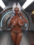 1girl 3d aesmadaeva37 ahsoka_tano bikini_bottom blue_eyes breasts female_only huge_breasts jedi looking_at_viewer massive_breasts orange_skin solo_female star_wars togruta topless voluptuous