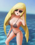  1girl beach big_breasts bikini blonde_hair blue_sky breasts creatures_(company) feet green_eyes grey_bikini hand_on_ear light-skinned_female light_skin lipstick long_hair lusamine_(pokemon) milf nintendo ocean open_mouth outside pale-skinned_female pokemon pokemon_sm saf-404 safartwoks safartworks seaside slim_thick straight sunglasses swimsuit tinted_eyewear video_game_character 