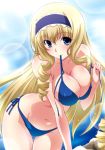 1girl bare_shoulders bikini blonde_hair blue_bikini blue_eyes blush breasts cecilia_alcott cleavage curly_hair curvy erect_nipples female hairband infinite_stratos izumi_mahiru large_breasts leaning_forward long_hair looking_at_viewer side-tie_bikini solo swimsuit thigh_gap very_long_hair wide_hips