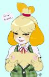  1girl animal_crossing animal_crossing_new_leaf animal_ears blonde_hair blush blush_stickers breast_lift breasts breasts_outside buck_teeth canid canine canine_humanoid dog dog_ears doubutsu_no_mori english english_text female furry hair_tie highres inverted_nipples isabelle_(animal_crossing) jingle_bell looking_at_viewer mammal naughty_face nintendo nipples pink_nipples plaid plaid_vest ponytail randomboobguy ribbon secretary shih_tzu shizue_(doubutsu_no_mori) smile solo super_smash_bros. text thick_ass thick_legs thick_thighs topknot vest video_games yellow_fur 