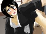  1boy 1girl ahegao arm_grab bent_over black_hair bleach blush breasts censored cum cum_drip drooling flat_chested fucked_silly game_cg grey_eyes japanese_clothes kuchiki_rukia looking_back male/female maten nipples no_bra open_clothes open_mouth saliva sex small_breasts solo solo_focus sweat tears vaginal 