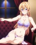 1girl alluring big_breasts blonde_hair bra cleavage cookiefudge lingerie nakiri_erina on_couch panties purple_eyes seductive shokugeki_no_souma strawberry_blonde_hair underwear