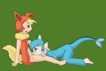 blue_fur booster_(pokemon) creatures_(company) eeveelution fire_type_pokemon flareon furry game_freak gen_1_pokemon green_background humanized nintendo oral orange_fur pokemon pokemon_(anime) pokemon_(creature) pokemon_(game) pokemon_(species) pokemorph showers_(pokemon) tail vaporeon water_type_pokemon