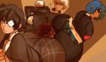  1girl 3boys against_wall ass ass_cleavage ass_sandwich ass_to_ass atlus big_ass big_ass black_hair black_pants blue_hair blue_panties blush brown_hair butt_crack closed_eyes face_in_ass femboy feminine_male girly glasses grey_eyes joker_(persona) kotone_shiomi makoto_yuki male_focus melissaalli narukami_yu one_eye_closed panties persona persona_3 persona_4 persona_5 ren_amamiya sandwiched short_hair surrounded_by_ass white_hair 