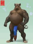 1girl boar flaccid happy hooves huge_penis hyper_penis loincloth long_penis male muscular showing_penis