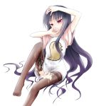  1girl aftersex ar_tonelico ar_tonelico_2 ar_tonelico_ii black_hair cum cum_pool gust highres jakuri long_hair mir pantyhose purple_eyes raglan_sleeves simple_background solo torn_clothes torn_pantyhose 