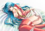  1girl bed blue_eyes blue_hair blush breasts eirika fire_emblem fire_emblem:_seima_no_kouseki fire_emblem_8 fire_emblem_sacred_stones long_hair lowres lying masturbation no_bra on_side open_clothes open_shirt panties panties_around_leg panties_around_one_leg pussy_juice shirt skirt solo thighhighs underwear white_panties 