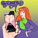 1girl ass black_eyes butt captainbuttocks cellphone clothed clothed_female clothes clothing daphne_blake dat_ass dress english english_text female hairband holding_object holding_phone long_hair long_red_hair looking_at_viewer orange_hair phone purple_hairband redhead scarf scooby-doo smartphone speech_bubble stockings text thighs thong underwear upskirt yellow_thong