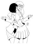 2011 2_girls 2girls bespectacled breast_grab callmepo clothed daria daria_morgendorffer female female/female female_only glasses hand_on_breast hand_under_shirt hand_under_skirt jane_lane kissing_neck monochrome pinupsushi skirt standing yuri