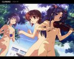  antenna_hair breasts brown_eyes brown_hair clannad fujibayashi_ryou furukawa_nagisa ichinose_kotomi instrument instruments kotomi_ichinose long_hair nagisa_furukawa navel nipples nude nude_filter photoshop purple_eyes purple_hair pussy ryou_fujibayashi short_hair uncensored violin zenra 