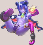  1girl astaroth astaroth_(shinrabanshou) big_breasts black_sclera blue_hair blue_skin boots breasts censor_tail censored convenient_censoring demon_girl demon_horns demon_tail demon_wings hair_censor hair_over_breasts horns long_hair lowres mushroo_(shinrabanshou) navel pointy_ears purple_boots shinrabanshou simple_background tail tail_censor tongue tongue_out topless wings yellow_eyes 