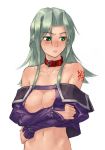 1girl banpresto bare_shoulders blush collar green_eyes green_hair lamia_loveless long_hair midriff solo super_robot_wars super_robot_wars_original_generation tattoo