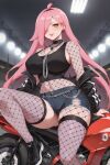 1girl ai_generated big_breasts cleavage fishnets long_hair nenefthivt on_motorcycle pink_hair shirt shoes shorts solo tagme vtuber yellow_eyes