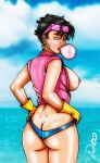 asian_female ass big_breasts breasts bronxboy79 earrings gloves jubilation_lee jubilee looking_at_viewer looking_back marvel ocean_background pulled_down_top shirt sunglasses sunglasses_on_head thong x-men