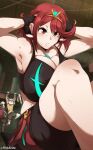 3girls alluring big_breasts gym_shorts high_res nia nintendo pinkseito poppi_&alpha; poppi_(xenoblade) pyra red_eyes red_hair short_hair sit-ups sports_bra sportswear sweat thick_thighs wide_hips working_out xenoblade_(series) xenoblade_chronicles_2