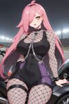 1girl ai_generated big_breasts cleavage fishnets long_hair nenefthivt on_motorcycle pink_hair shirt shoes shorts solo tagme vtuber yellow_eyes