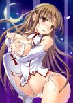 1girl asuna_(sao) bad_anatomy blush breast_hold breasts brown_eyes brown_hair covering covering_breasts crescent_moon futanari himeno_komomo long_hair looking_at_viewer moon night open_mouth panties petals shiny shiny_skin side-tie_panties solo sword_art_online thighhighs underwear untied white_legwear yuuki_asuna