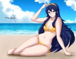 1girl 1girl 1girl alluring alternate_costume bikini blue_eyes blue_hair female_only fire_emblem fire_emblem_awakening gold_bikini gold_swimsuit lucina lucina_(fire_emblem) medium_breasts nintendo sonicheroxd swimsuit yellow_bikini yellow_swimsuit