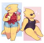  1girl 2020s 2024 2d 2d_(artwork) 3_toes alphys alternate_costume anthro anthro_only arm_support artist_name black_swimsuit blue_bottomwear blue_shorts bottomwear breasts chubby chubby_anthro chubby_female cleavage clothed clothed_anthro clothed_female clothing digital_media_(artwork) dinosaur dinosaur_girl feet female_anthro female_only food full_body glasses holding_ice_cream holding_ice_cream_cone holding_object ice_cream ice_cream_cone lizard lizard_girl lizard_tail mekyo_(topotopo_0_0) monster monster_girl multiple_views non-mammal_breasts one-piece_swimsuit open_mouth red_topwear reptile reptile_girl reptile_tail scalie shorts shortstack simple_background sitting solo_anthro solo_female sparkle standing sunglasses swimsuit swimwear tail thick_legs topwear twitter twitter_username undertale undertale_(series) video_game_character video_games yellow_body yellow_skin 