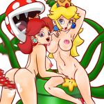 ass blonde blonde_hair blue_eyes brown_hair censored crown dizzney earrings fingering from_behind jewelry lipstick long_hair makeup navel nude open_mouth penis piranha_plant plant princess_daisy princess_peach sideboob super_mario_bros. super_mario_galaxy tentacles vaginal_object_insertion white_background yuri