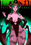  1girl bat_wings big_breasts blue_eyes bodysuit cosplay cosplaying darkra elf elf_ears female_only green_hair head_wings legwear long_hair lulusa_wildmist morrigan_aensland_(cosplay) non-nude oc original_character pink_skin solo_female stockings thighs world_of_warcraft 