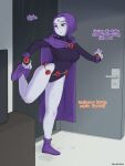  1girl 2024 belt big_breasts boots breasts cloak clothing comic dc_comics dialogue english english_text female footwear hooded_cloak human leotard lewdnobu older older_female outerwear pale_skin rachel_roth rain raven_(dc) solo_focus spandex spandex_leotard tagme teen_titans wet young_adult young_adult_female young_adult_woman 