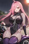  1girl ai_generated big_breasts cleavage fishnets long_hair nenefthivt on_motorcycle pink_hair solo tagme thighhigh_boots vtuber yellow_eyes 