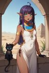  ai_generated black_lipstick blue_eyes dark_hair dark_purple_hair egyptian egyptian_clothes egyptian_clothing egyptian_female egyptian_jewelry elf elf_ears jewelry long_hair purple_hair 