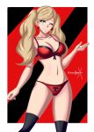  1girl absurd_res alluring ann_takamaki atlus big_breasts black_bow black_socks blonde_hair blue_eyes bow breasts female_only high_res lingerie navel one_eye_closed panties persona persona_5 persona_5_the_royal pin_up red_panties smile socks solo_female sonicheroxd twin_tails underwear 