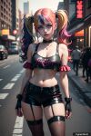  1girl ai_generated batman_(series) blue_eyes cleavage crop_top dc_comics harley_quinn shorts stockings trynectar.ai twintail 