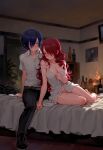  1boy 1girl blue_hair breasts cleavage couple minato_arisato mitsuru_kirijo persona_3 red_hair 