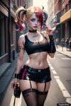  1girl ai_generated batman_(series) blue_eyes cleavage crop_top dc_comics harley_quinn shorts stockings trynectar.ai twintail 