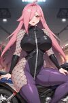  1girl ai_generated big_breasts cleavage fishnets long_hair nenefthivt on_motorcycle pink_hair solo tagme thighhigh_boots vtuber yellow_eyes 