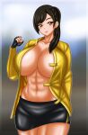 1girl alluring athletic_female big_breasts brown_eyes brown_hair female_abs fingerless_gloves fit_female juuken_sentai_gekiranger no_bra open_shirt shorts super_sentai treezero uzaki_ran