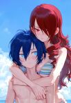  1boy 1girl blue_eyes blue_hair bra breasts couple minato_arisato mitsuru_kirijo persona_3 red_eyes red_hair 