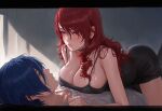  1boy 1girl blue_hair breasts cleavage couple minato_arisato mitsuru_kirijo persona_3 red_hair 