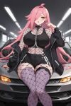 1girl ai_generated big_breasts cleavage fishnets long_hair nenefthivt on_motorcycle pink_hair shirt shoes shorts solo tagme vtuber yellow_eyes