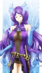  1girl alluring big_breasts blue_background blue_fire blue_gloves brighid brighid_(xenoblade) closed_eyes closed_mouth covered_navel dagger dated dress elbow_gloves facing_viewer fire gloves high_res hisin knife long_hair nintendo purple_dress purple_hair sheath sheathed signature smile two-tone_background very_long_hair weapon white_background xenoblade_(series) xenoblade_chronicles_2 