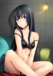  1girl akiyama_mio bad_id bed black_bra black_hair blue_eyes bra futanari k-on! lingerie long_hair sitting solo strap_slip tidsean underwear 