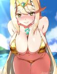  1girl absurdres alluring beach big_breasts bikini blonde_hair blue_sky blush cleavage core_crystal_(xenoblade) female_only gold_bikini highres kanuici336 long_hair looking_at_viewer mythra navel nintendo ocean outside parted_lips shiny_skin signature sky solo_female swept_bangs swimsuit thigh_gap tiara very_long_hair xenoblade_(series) xenoblade_chronicles_2 yellow_eyes 