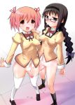 2girls akemi_homura artist_request blush bottomless censored erection futa_with_futa futanari glasses heart heart_censor highres kaname_madoka little_penis looking_at_viewer mahou_shoujo_madoka_magica multiple_girls no_testicles open_mouth penis red_hair redhead rentaichou small_penis smile