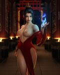  3d 3d_(artwork) ai_generated avatar:_the_last_airbender azula breasts breasts_out_of_clothes breasts_outside fire flame flames looking_at_viewer semi_nude therealzoh 