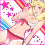  1girl an_nosada annosada bad_id blonde_hair boobies_uniform breasts bursting_breasts censored choker crotchless crotchless_clothes cum cum_in_pussy cumdrip earrings female front-tie_top hair hairband heart heart_censor honey_(space_dandy) jewelry lipstick long_hair looking_at_viewer makeup navel nipples open_mouth outlined_character pussy short_shorts shorts smile solo space_dandy star stars sweat v wrist_cuffs 