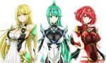  3_girls armor big_breasts blonde_hair blush cleavage covered_navel dress earrings elbow_gloves female_focus female_only fingerless_gloves gem gloves green_eyes green_hair hair_ornament headpiece high_res hisin jewelry long_hair looking_at_viewer matching_hair/eyes mechanical_wings multiple_girls multiple_persona mythra nintendo panties pneuma_(xenoblade) ponytail pyra red_eyes red_hair red_shorts short_hair short_shorts shorts shoulder_armor simple_background smile spoilers stockings swept_bangs thigh_strap tiara underwear very_long_hair white_background white_dress wings xenoblade_(series) xenoblade_chronicles_2 yellow_eyes 