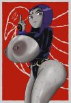 ass breasts_outside dc_comics doompypomp forehead_mark large_breasts looking_at_viewer middle_finger nipple_piercing older older_female purple_hair raven_(dc) short_hair sweat tagme teen_titans young_adult young_adult_female young_adult_woman