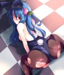 1girl animal_ears ass blue_hair blush breasts brown_legwear bunny_ears bunnysuit checkered checkered_floor floor food fruit futanari hinanawi_tenshi long_hair looking_at_viewer morogami_ryou pantyhose peach red_eyes sitting solo top-down_bottom-up torn_clothes torn_pantyhose touhou wariza