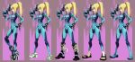  1girl alex_ahad alternate_footwear blonde_hair blue_eyes bodysuit boots breasts collage covered_navel cowboy_boots female full_body gloves gun hand_on_hip handgun high_heel_boots high_heels large_breasts long_hair metroid mole neon_trim pistol ponytail samus_aran sandals shoes skin_tight sneakers solo spurs standing stun_pistol super_smash_bros. toes weapon zero_suit_samus 