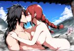  1boy 2_girls black_hair breasts couple fairy_tail irene_belserion kissing madara_uchiha nipples nude nude_female nude_male red_hair 