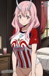  bottomless chivas demon_girl horns long_hair looking_at_viewer nekom14 no_panties pink_eyes pink_hair pussy shuna_(tensei_shitara_slime_datta_ken) soccer_jersey tensei_shitara_slime_datta_ken that_time_i_got_reincarnated_as_a_slime 