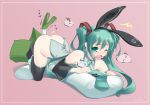  1girl amasa_mitsunaru animal_ears aqua_eyes aqua_hair aqua_nails ass bare_shoulders black_legwear black_thighhighs blush bunny_ears detached_sleeves fake_animal_ears futanari hair_ornament hatsune_miku headset long_hair lying miku_hatsune nail_polish necktie negi_suppository on_stomach panties panties_around_leg panties_around_one_leg pillow solo speaker spring_onion striped striped_panties tears themed_object thighhighs twin_tails underwear vocaloid 